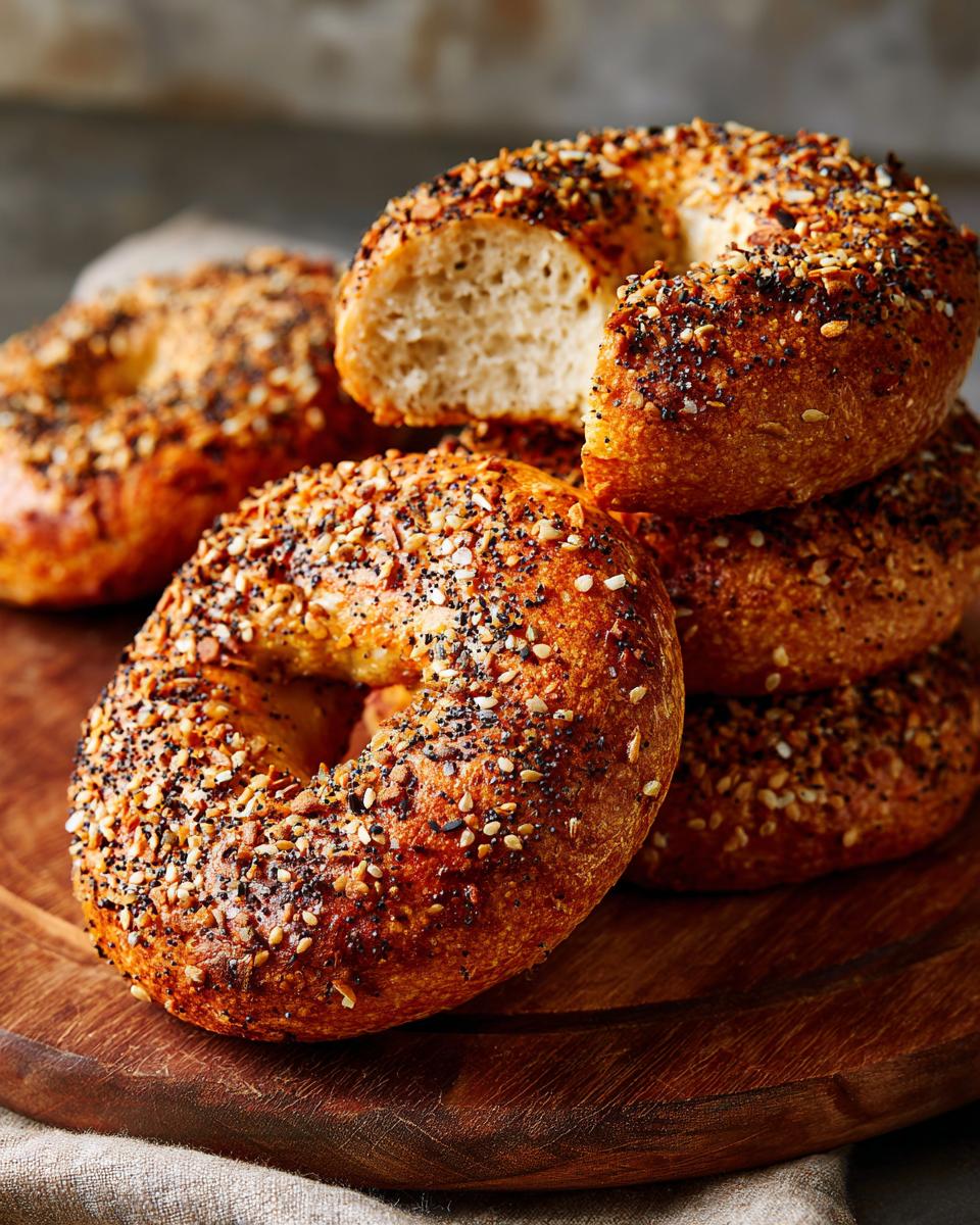 A stack of homemade protein bagels with everything bagel seasoning on a wooden board. One bagel is cut in half.