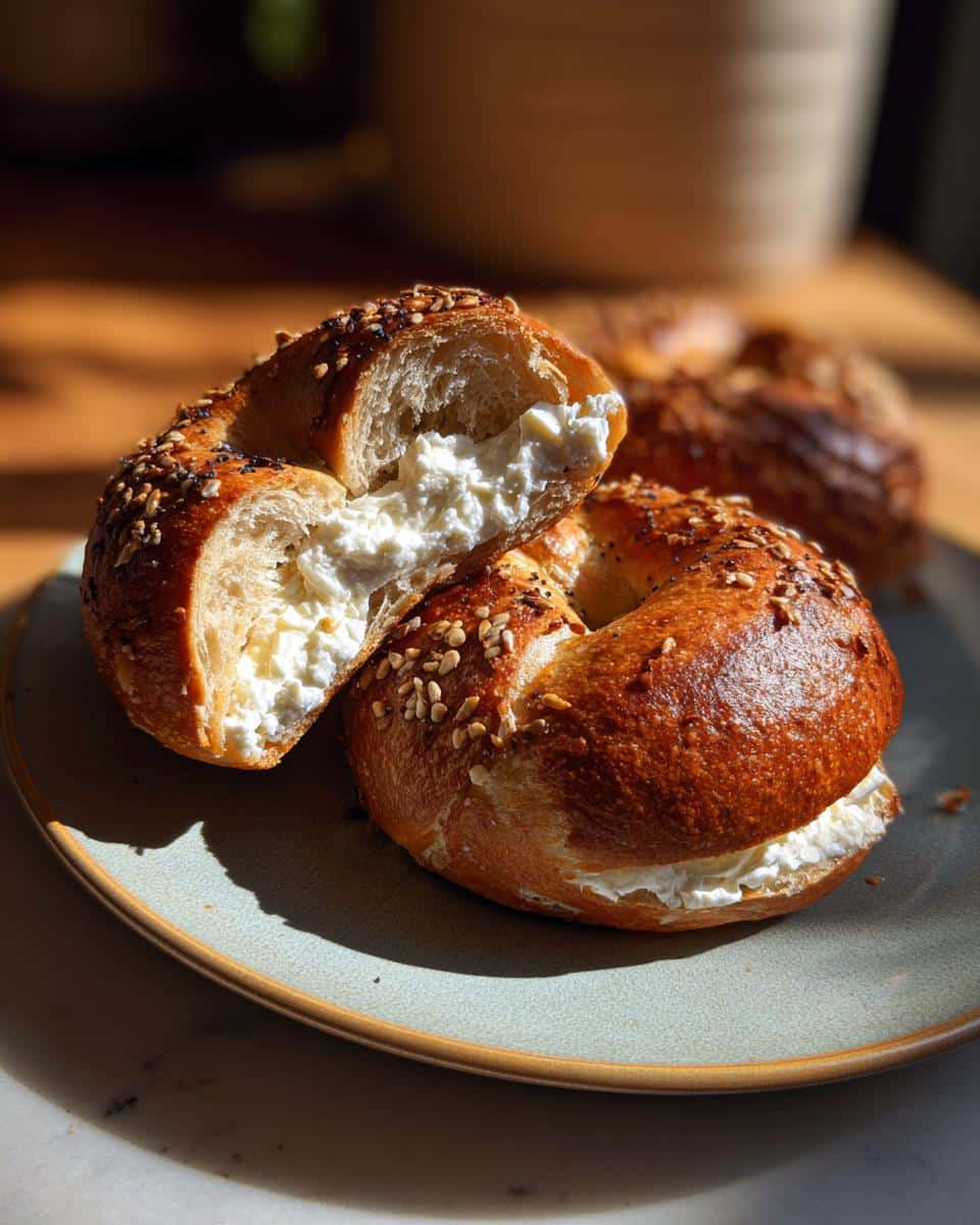Two protein bagels with greek yogurt filling, one bagel is cut in half, sitting on a plate.