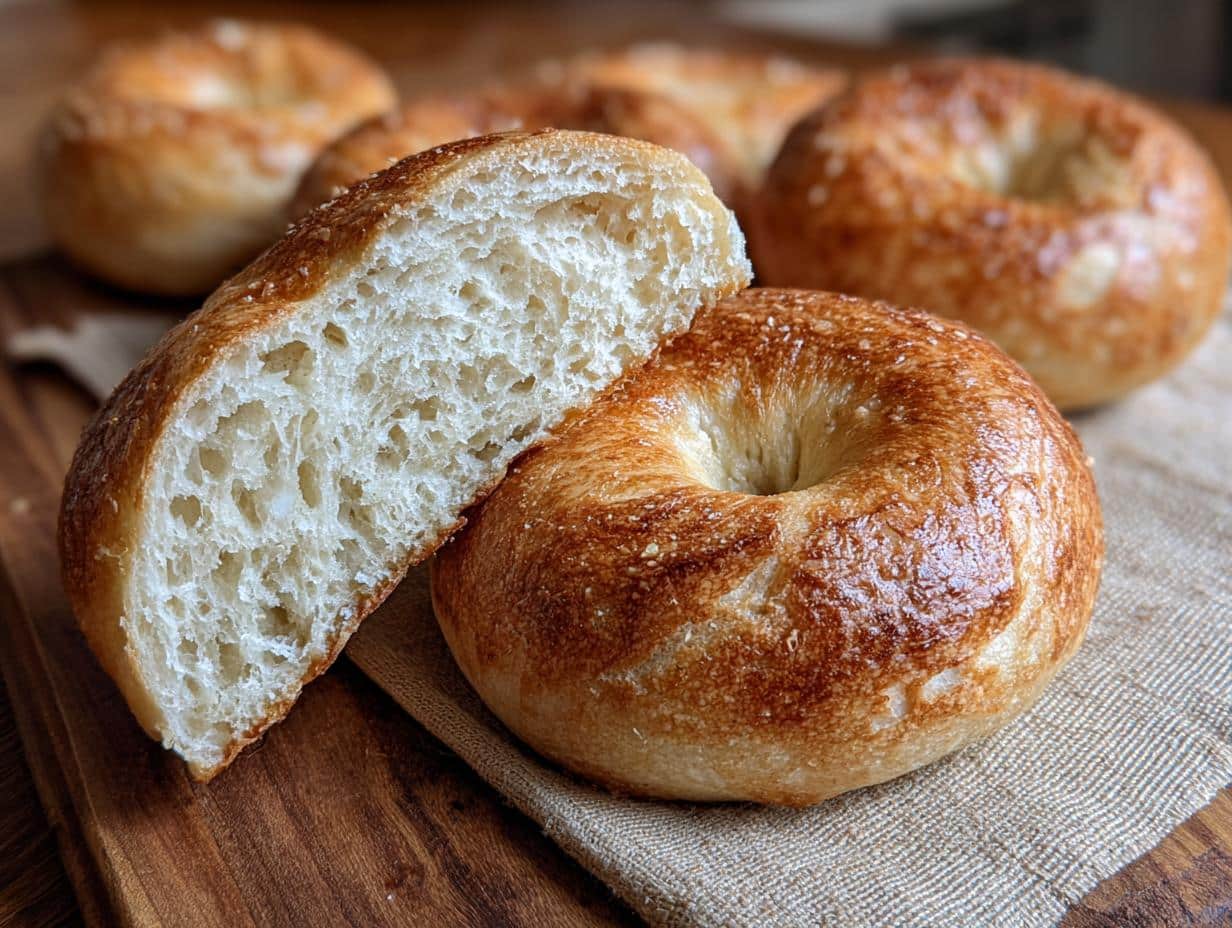 Close-up of golden brown protein bagels, one sliced to show the airy interior.