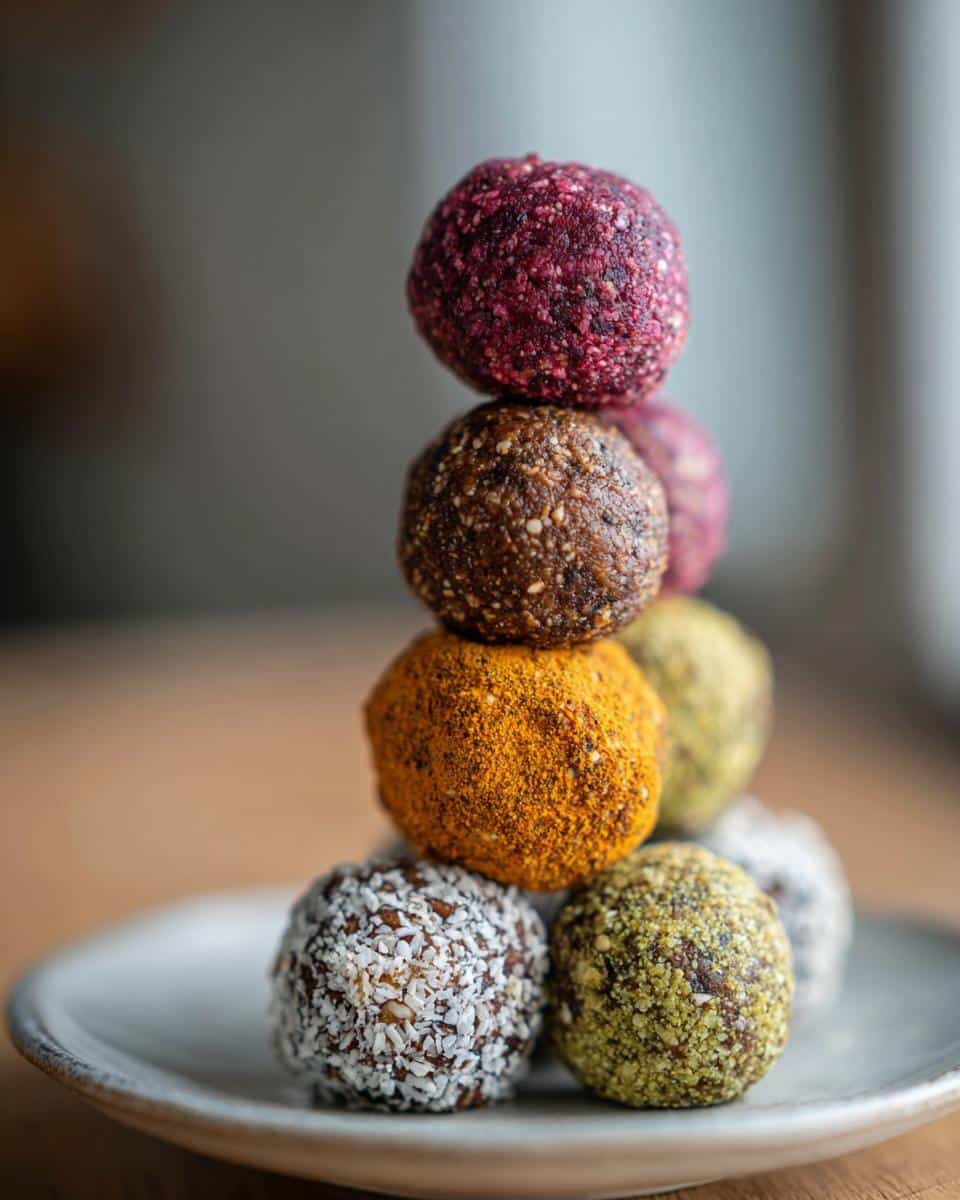 A stack of colorful protein balls no bake, showcasing different flavors and coatings on a plate.