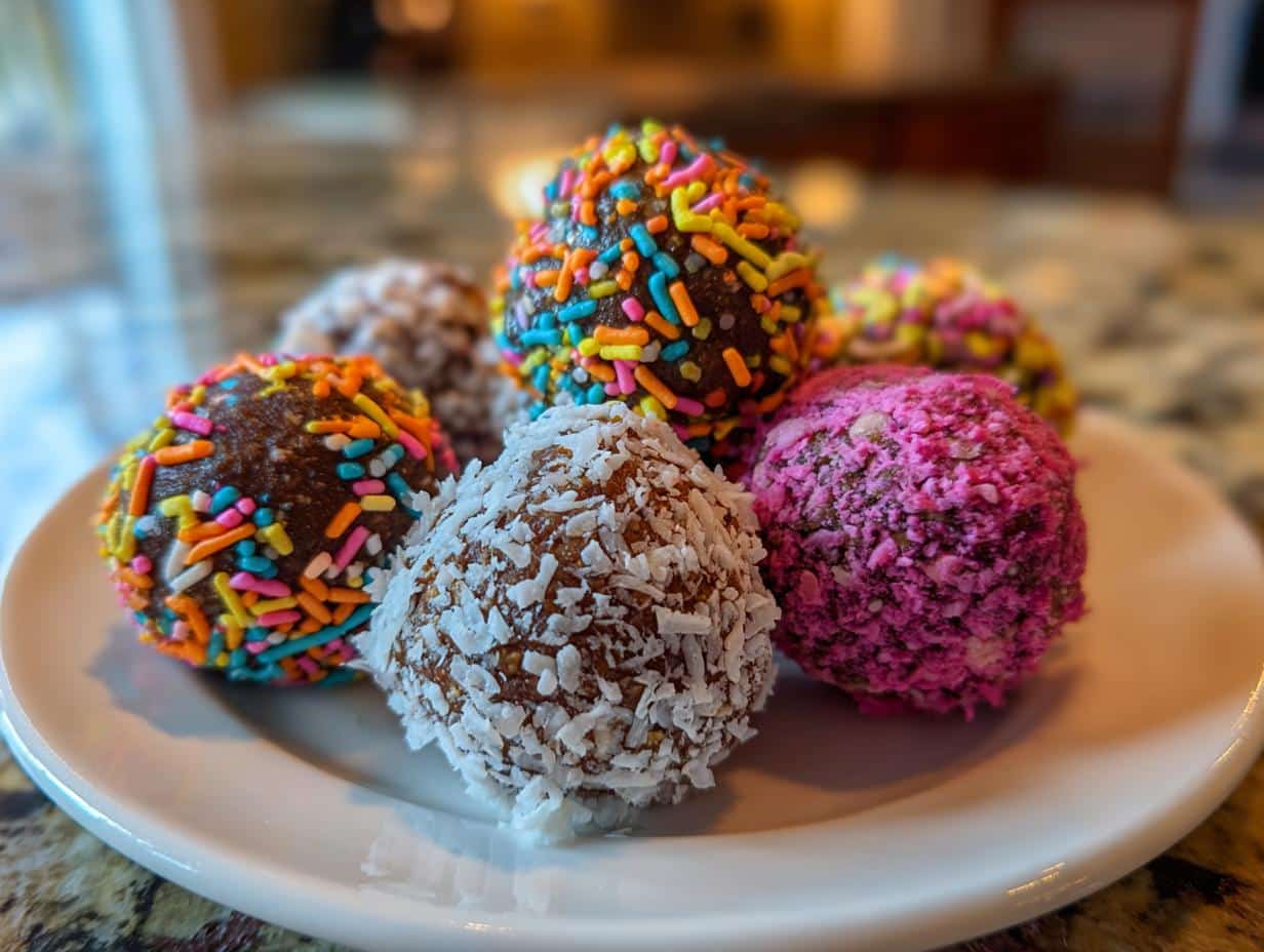 A plate of colorful protein balls no bake, coated in sprinkles, coconut, and pink powder.