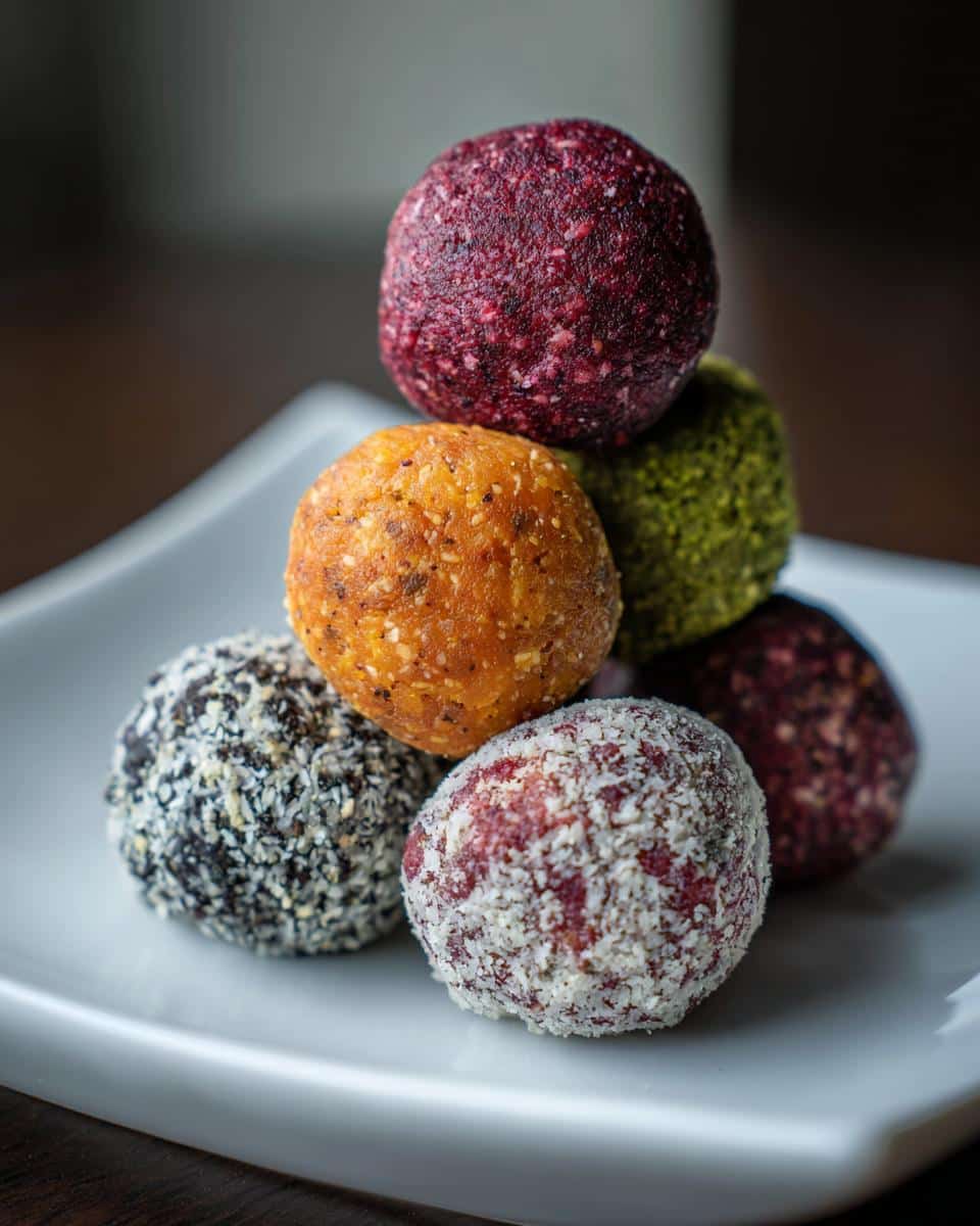 A stack of colorful, no bake protein balls on a white plate. Variety of flavors and coatings.