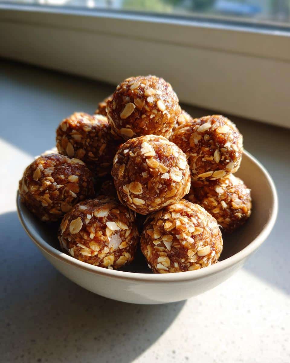 A bowl filled with homemade protein balls with protein powder, featuring oats and a sticky texture.