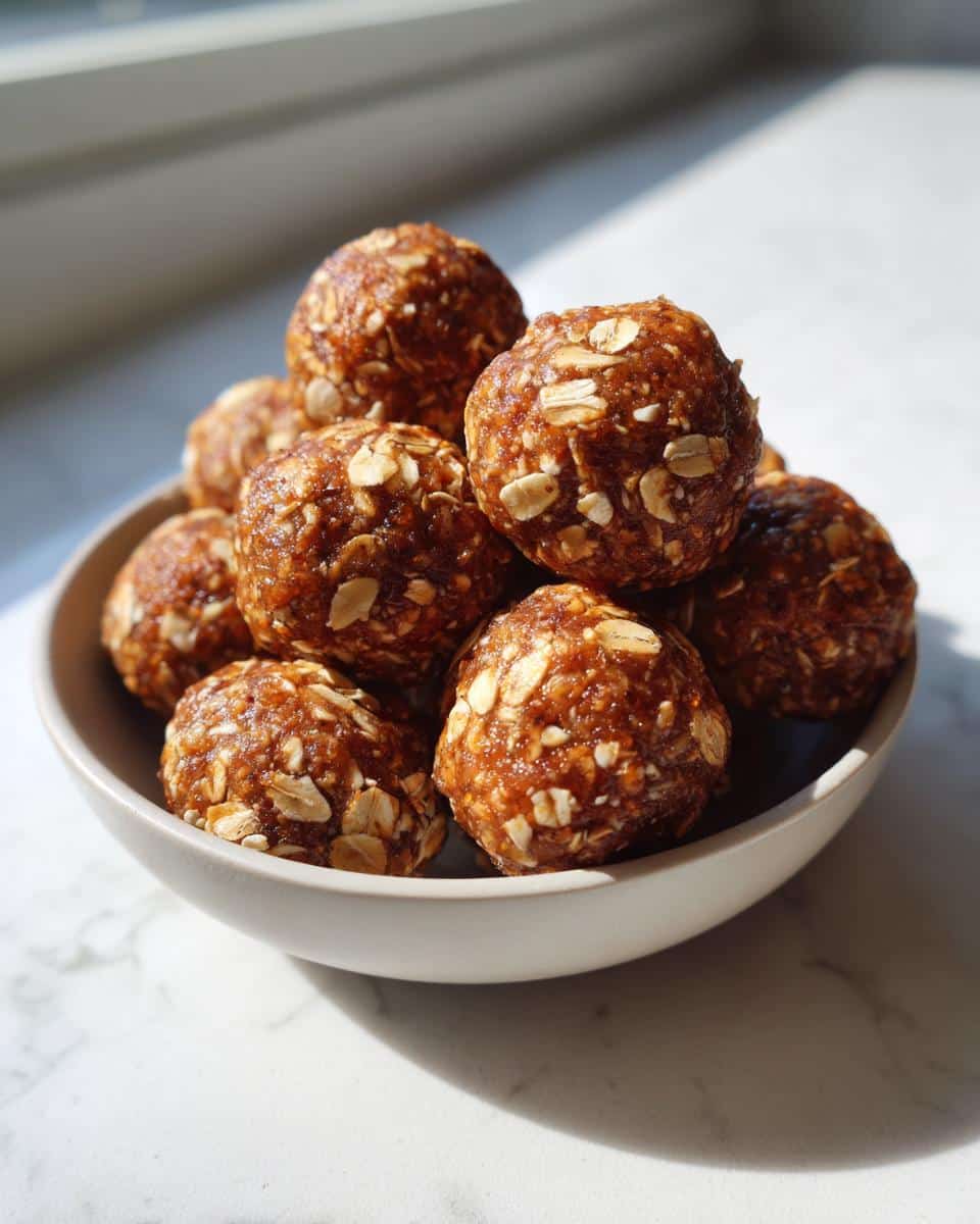 A bowl filled with homemade protein balls with protein powder, featuring oats and a slightly sticky texture.