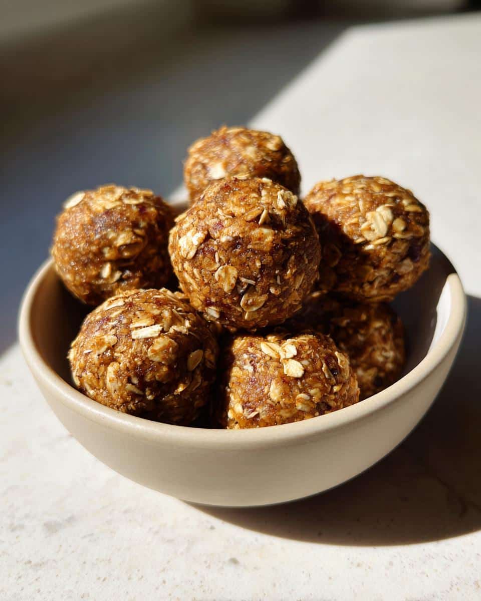 A bowl filled with homemade protein balls with protein powder, oats, and other healthy ingredients.