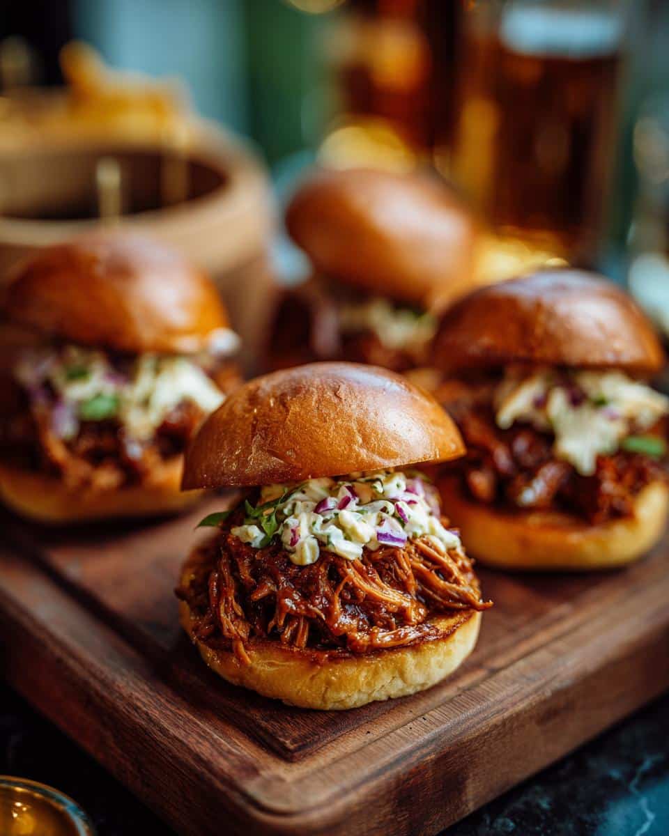 Delicious pulled pork sliders with coleslaw, perfect for a Kentucky Derby party. Served on a wooden board.