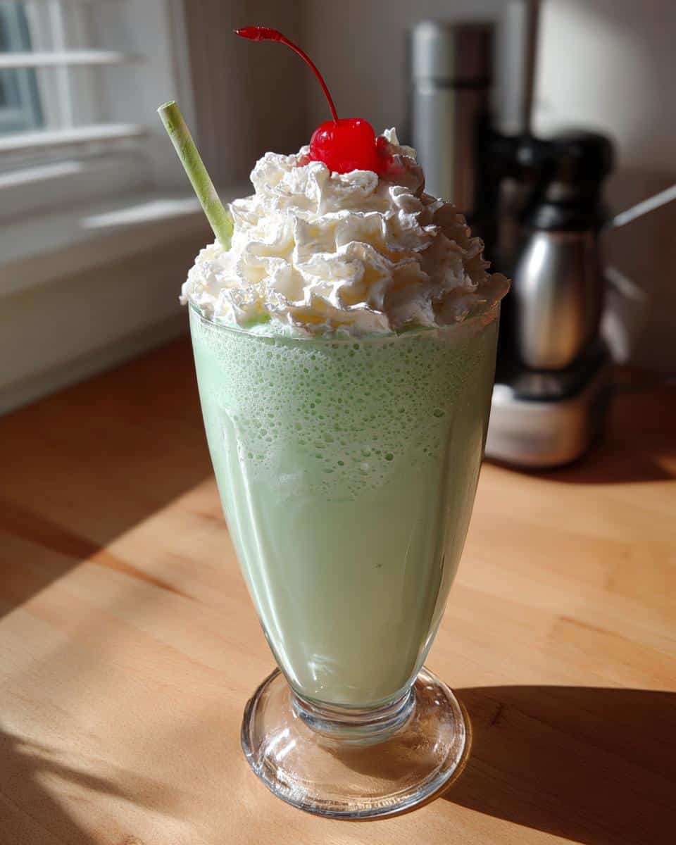 A creamy Shamrock Shake topped with whipped cream and a cherry, served in a clear glass with a green straw.