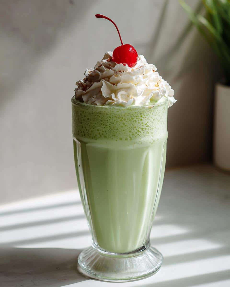 A creamy green shamrock shake in a glass, topped with whipped cream and a cherry.