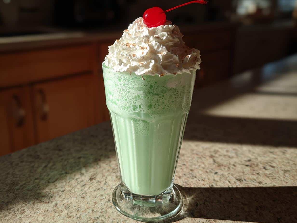 A frosty green shamrock shake topped with whipped cream and a cherry, ready to enjoy.