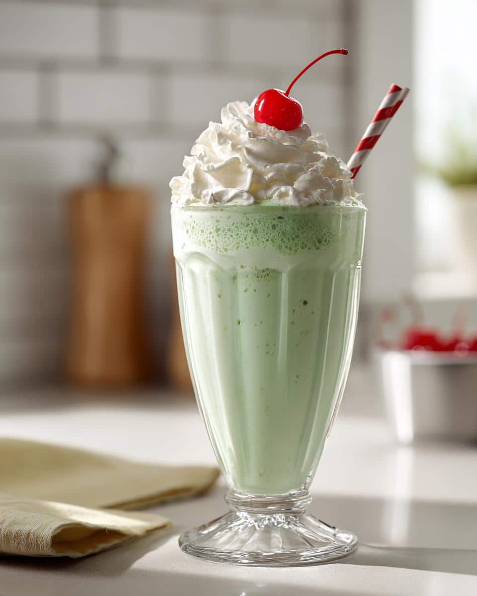 A creamy Shamrock Shake in a glass, topped with whipped cream and a cherry, served with a striped straw.