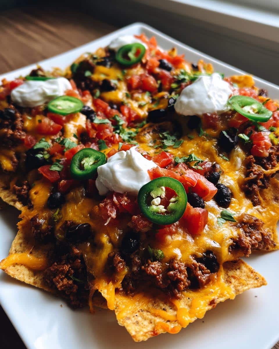 Overhead view of loaded Sheet Pan Nachos with beef, cheese, tomatoes, black beans, jalapenos, and sour cream.