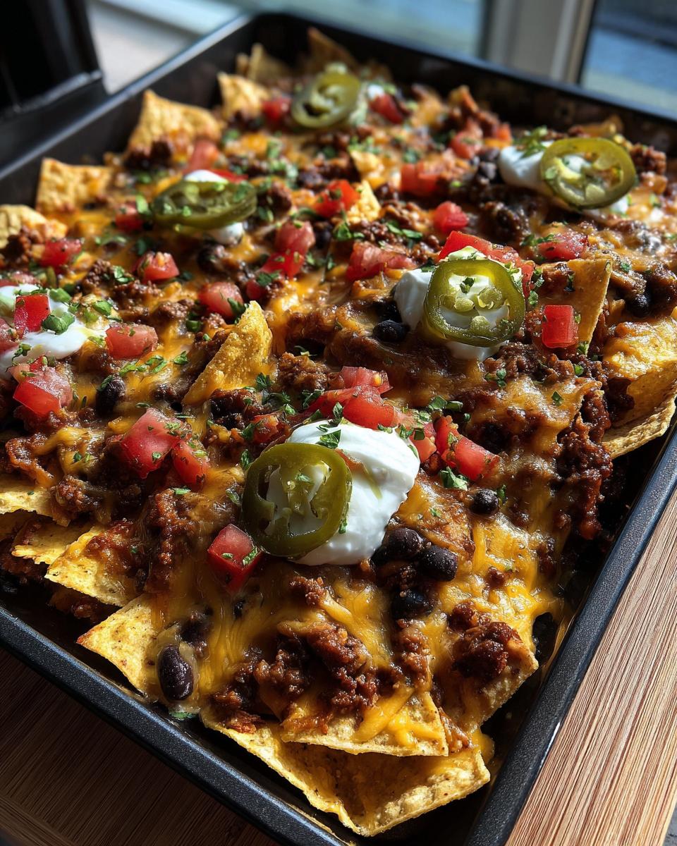 Overhead view of loaded Sheet Pan Nachos with beef, cheese, tomatoes, jalapenos, sour cream and black beans.