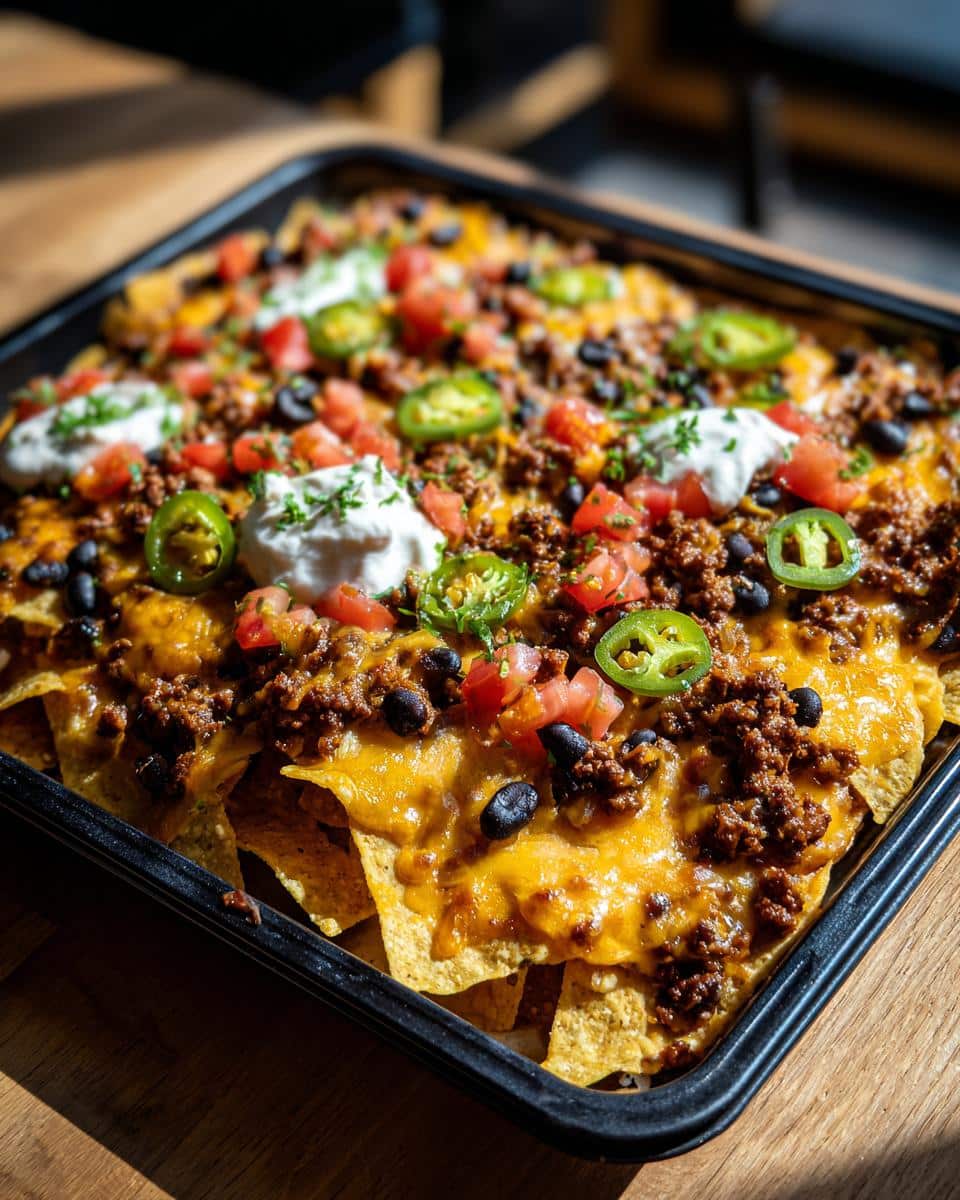 Overhead view of loaded Sheet Pan Nachos with beef, cheese, tomatoes, jalapeños, black beans, and sour cream.