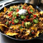 Overhead view of loaded Sheet Pan Nachos with beef, cheese, guacamole, sour cream, tomatoes, olives, and jalapeños.