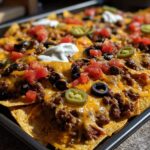 A sheet pan of loaded Sheet Pan Nachos with beef, cheese, tomatoes, olives, sour cream and jalapeños.
