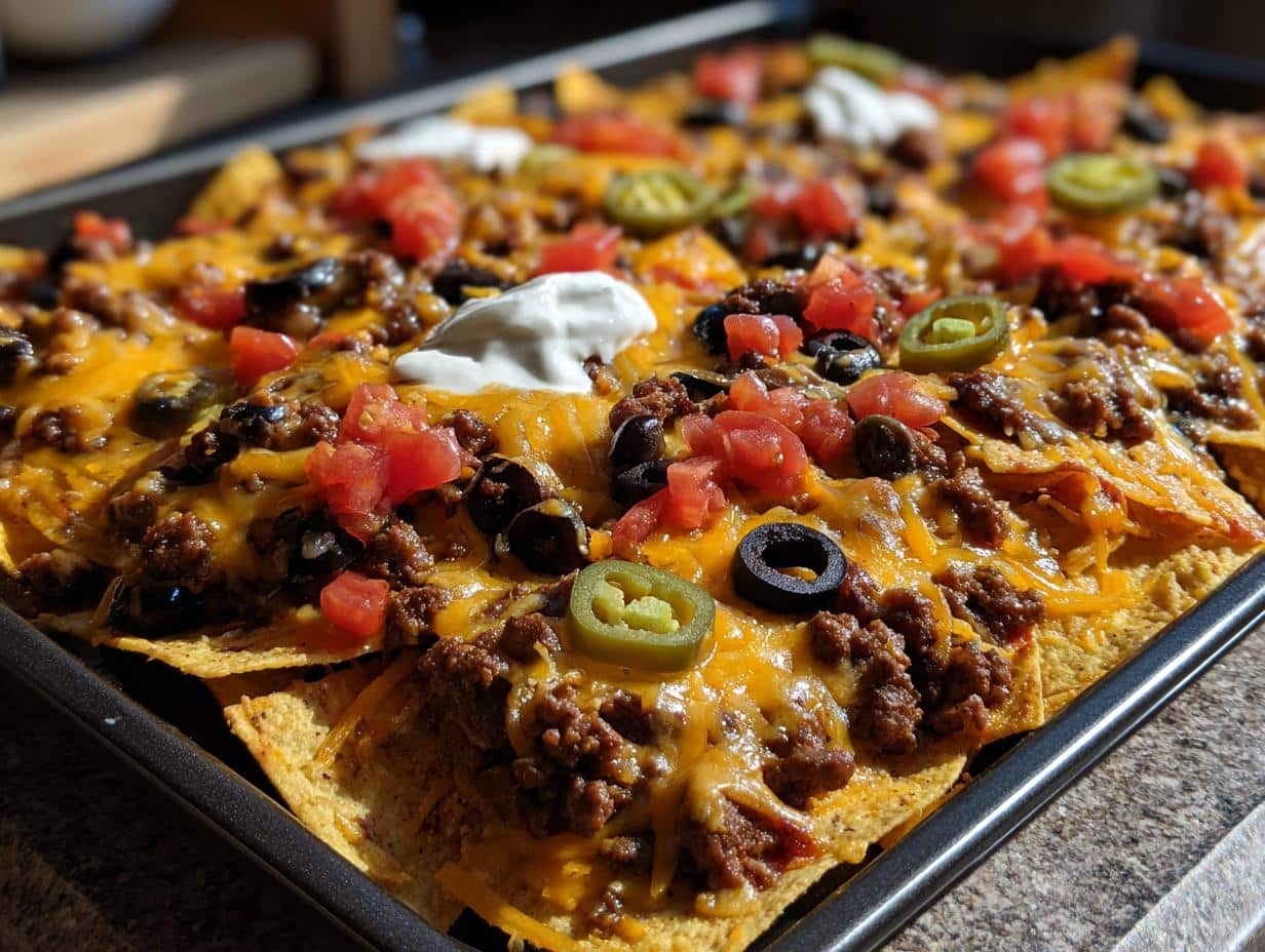 A sheet pan of loaded Sheet Pan Nachos with beef, cheese, tomatoes, olives, sour cream and jalapeños.