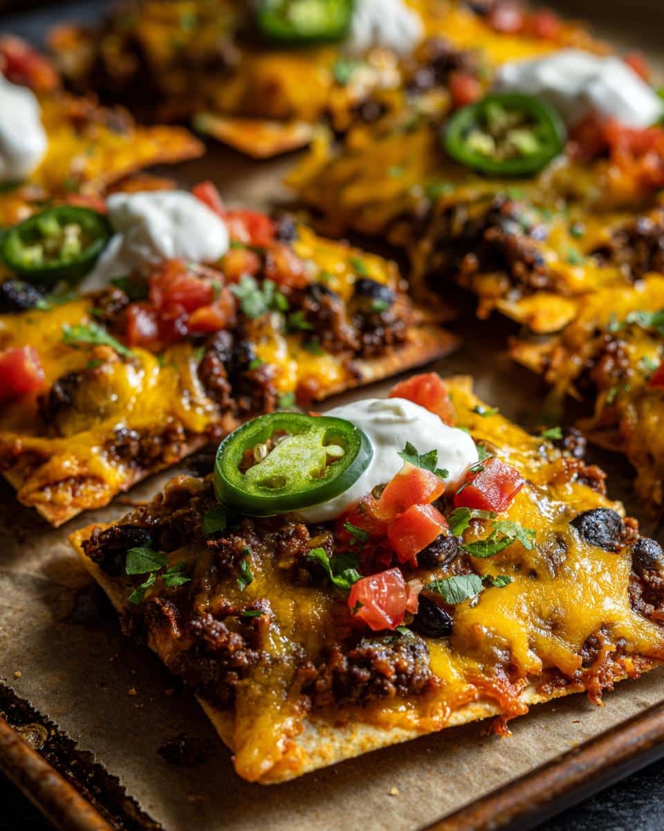 Close-up of loaded Sheet Pan Nachos with beef, cheese, tomatoes, jalapenos, sour cream, and black beans.