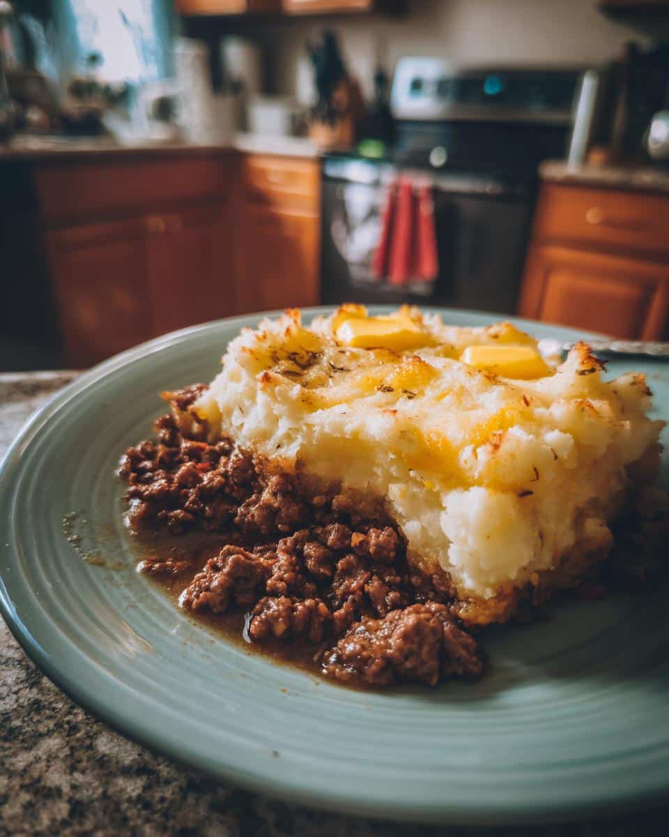 A serving of shepherd's pie recipe on a blue plate, featuring a layer of seasoned ground meat and mashed potato topping.