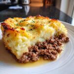 A slice of shepherd's pie recipe on a white plate, showing the meat layer and mashed potato topping.