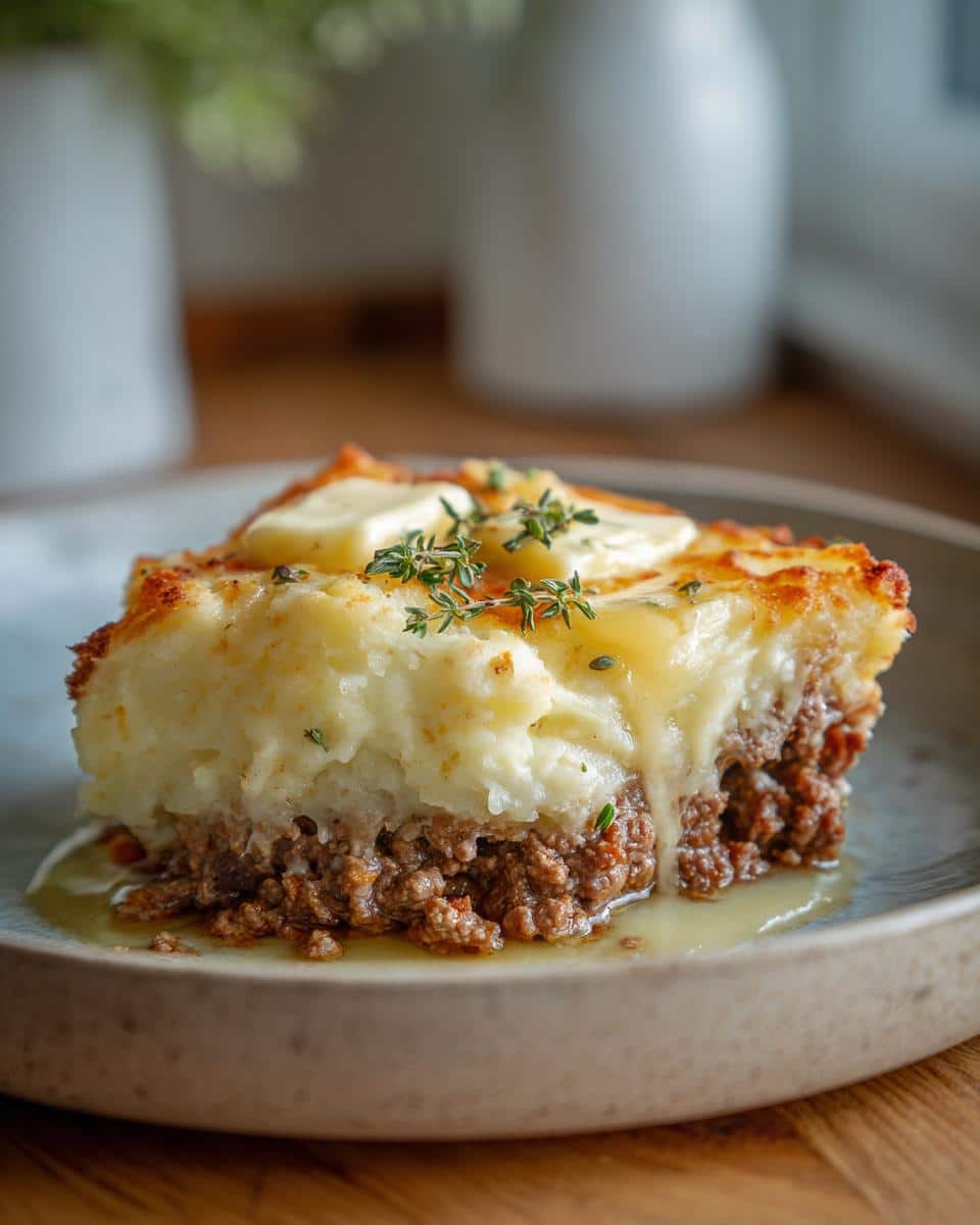 A delicious slice of shepherd's pie recipe, topped with mashed potatoes, butter, and fresh thyme.