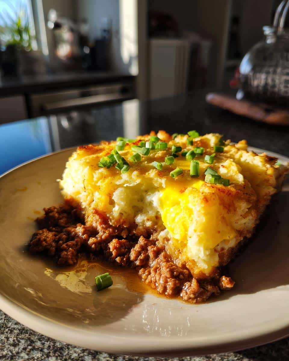 A delicious slice of shepherd's pie recipe, showcasing layers of meat and mashed potato topping, garnished with chives.