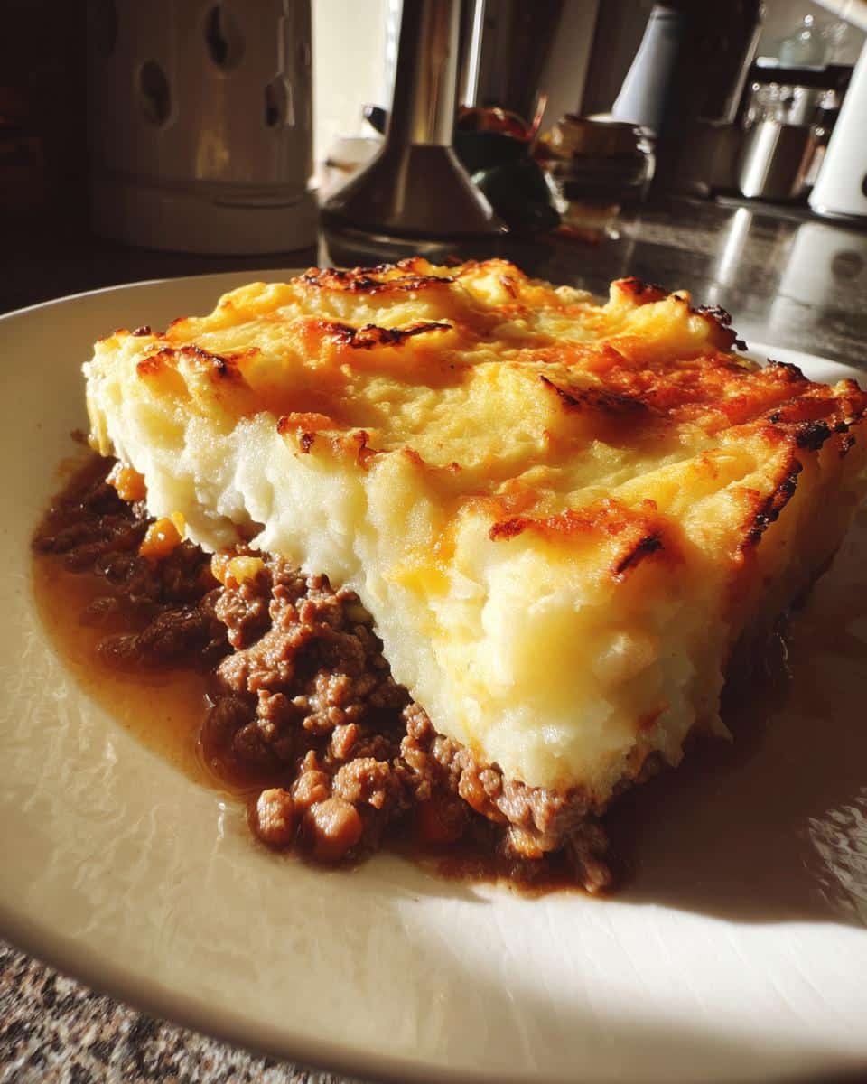 A hearty slice of shepherd's pie recipe with a golden-brown mashed potato topping and savory meat filling on a white plate.