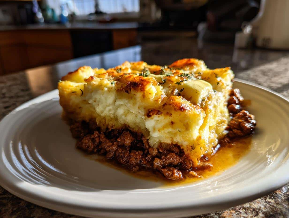 A delicious slice of shepherd's pie recipe, showcasing the meat layer and mashed potato topping.