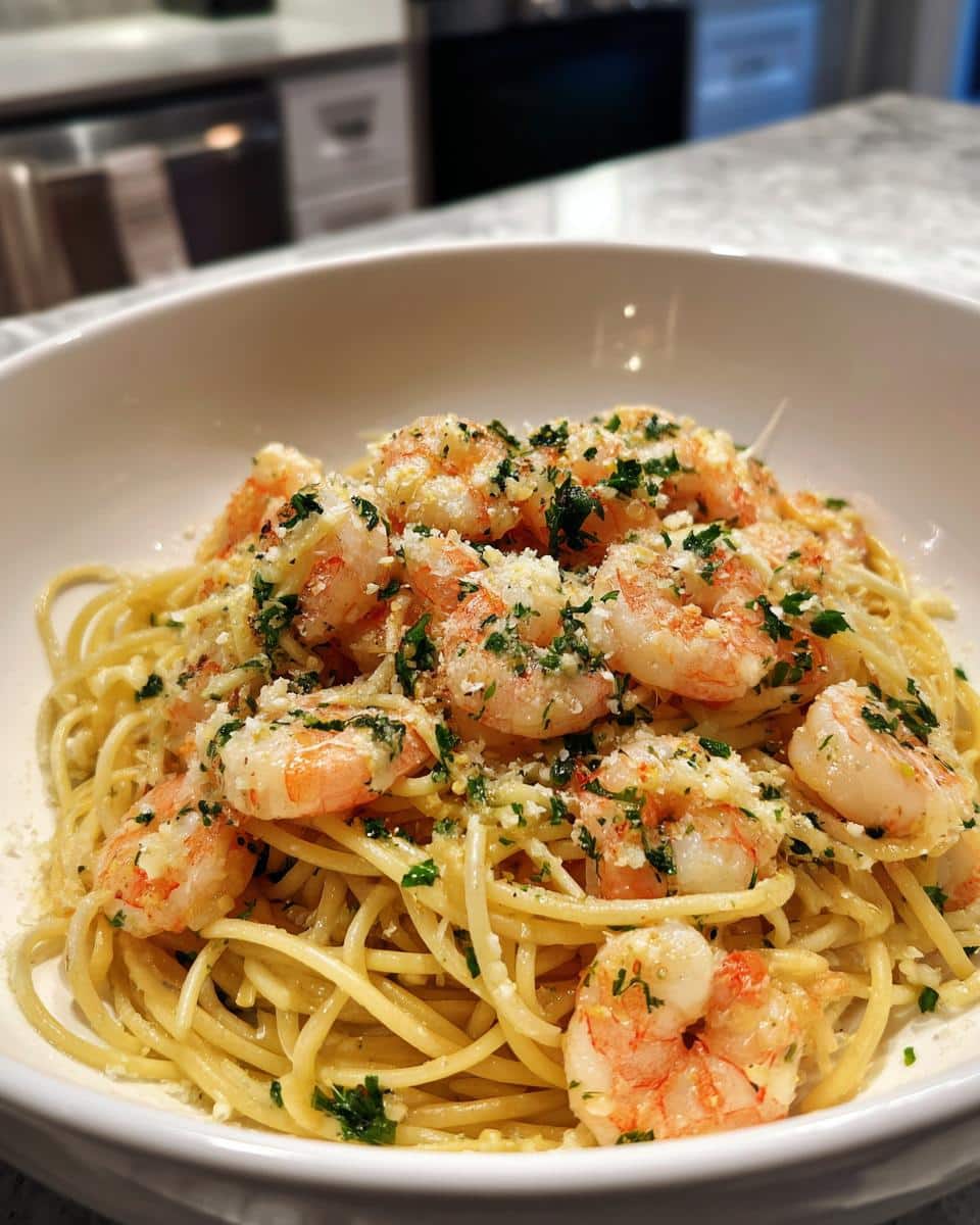 A bowl of shrimp recipes pasta, topped with shrimp, herbs, and parmesan cheese.
