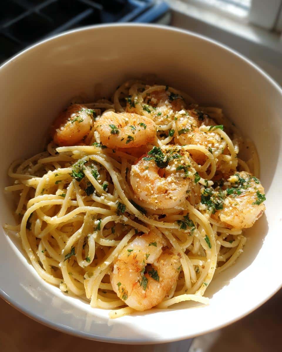 Bowl of shrimp recipes pasta with spaghetti, shrimp, garlic, and herbs, ready to eat.
