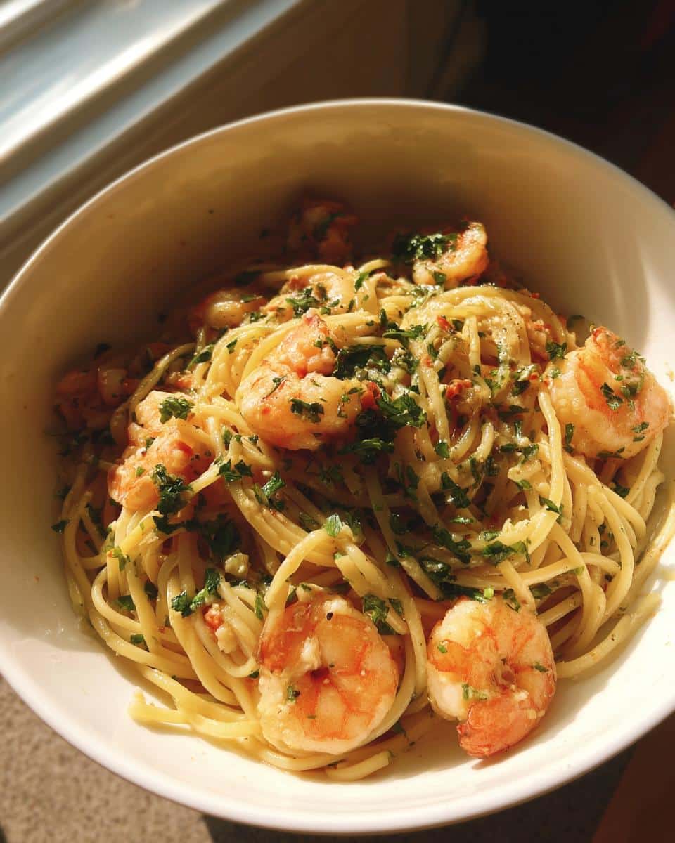 Bowl of Shrimp Recipes Pasta with herbs, showcasing a quick and easy meal.