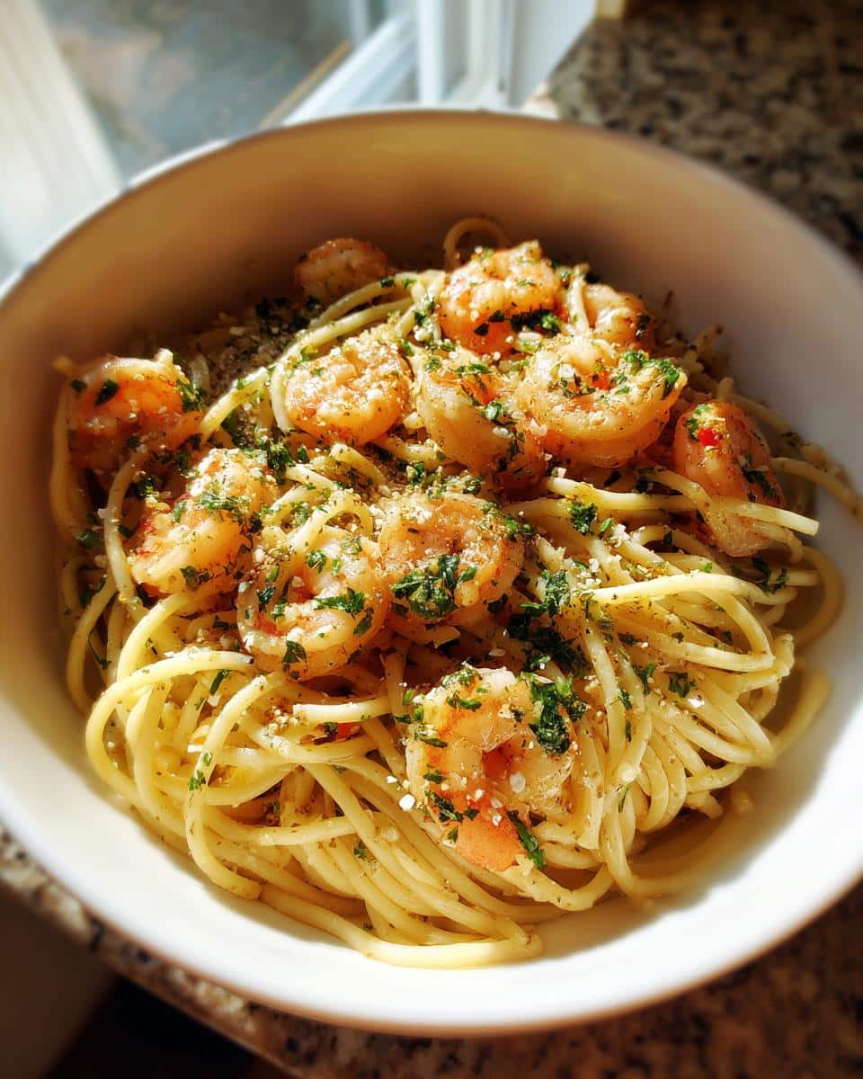 Bowl of shrimp recipes pasta, featuring spaghetti, succulent shrimp, herbs, and grated cheese.