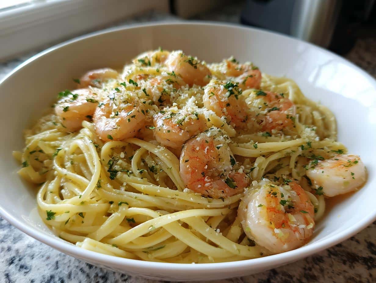 A bowl of shrimp recipes pasta, featuring linguine, succulent shrimp, herbs, and a light sauce.