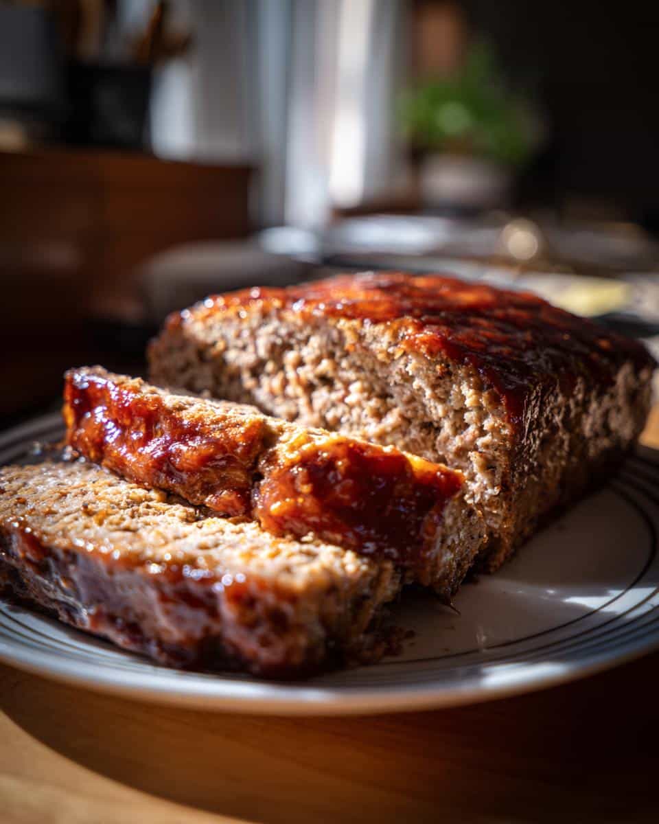 Close-up of sliced meatloaf with a shiny glaze on a plate, ready to eat.