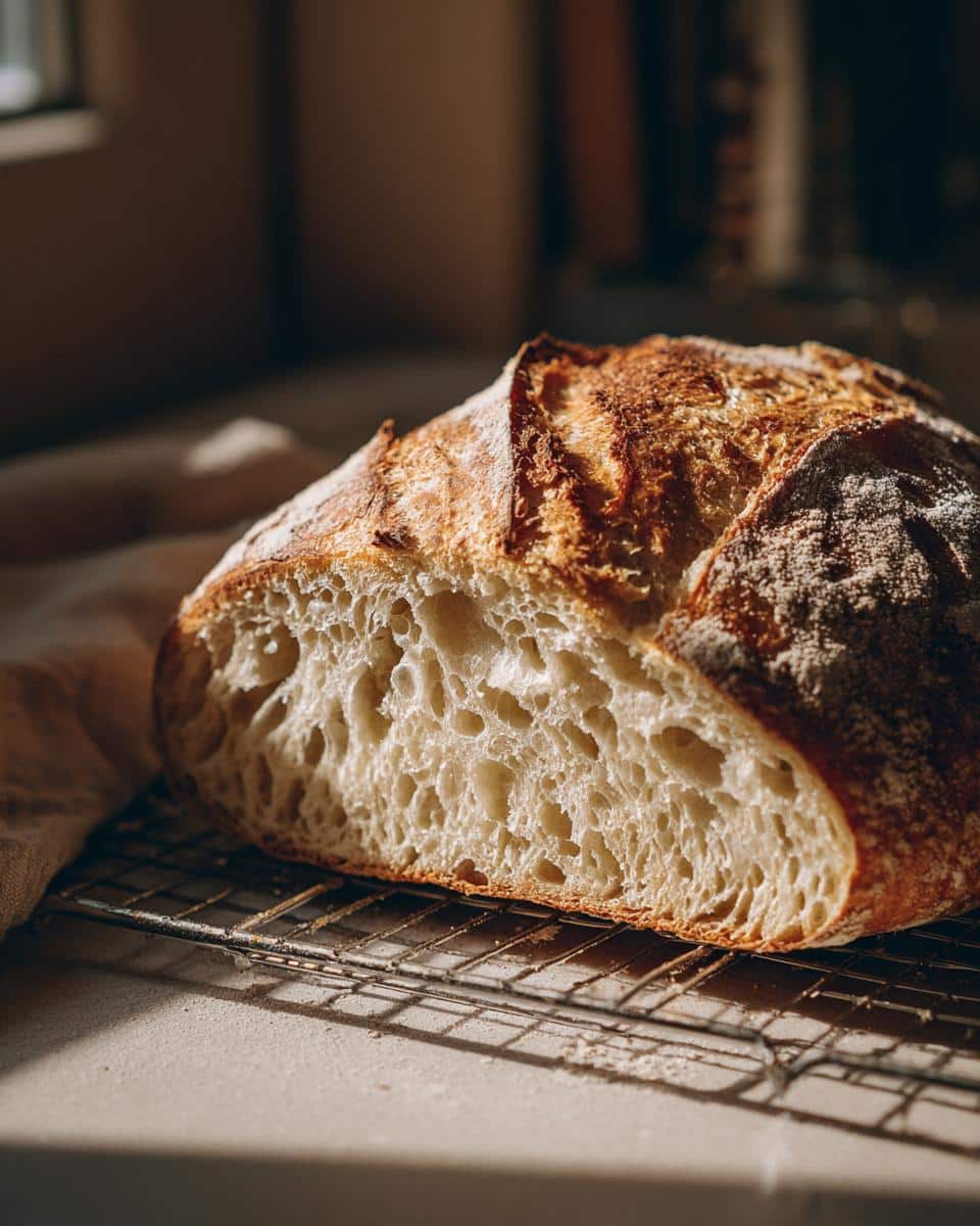 Close-up of a sliced sourdough loaf on a wire rack, showcasing the airy crumb. Part of active sourdough starter recipes.