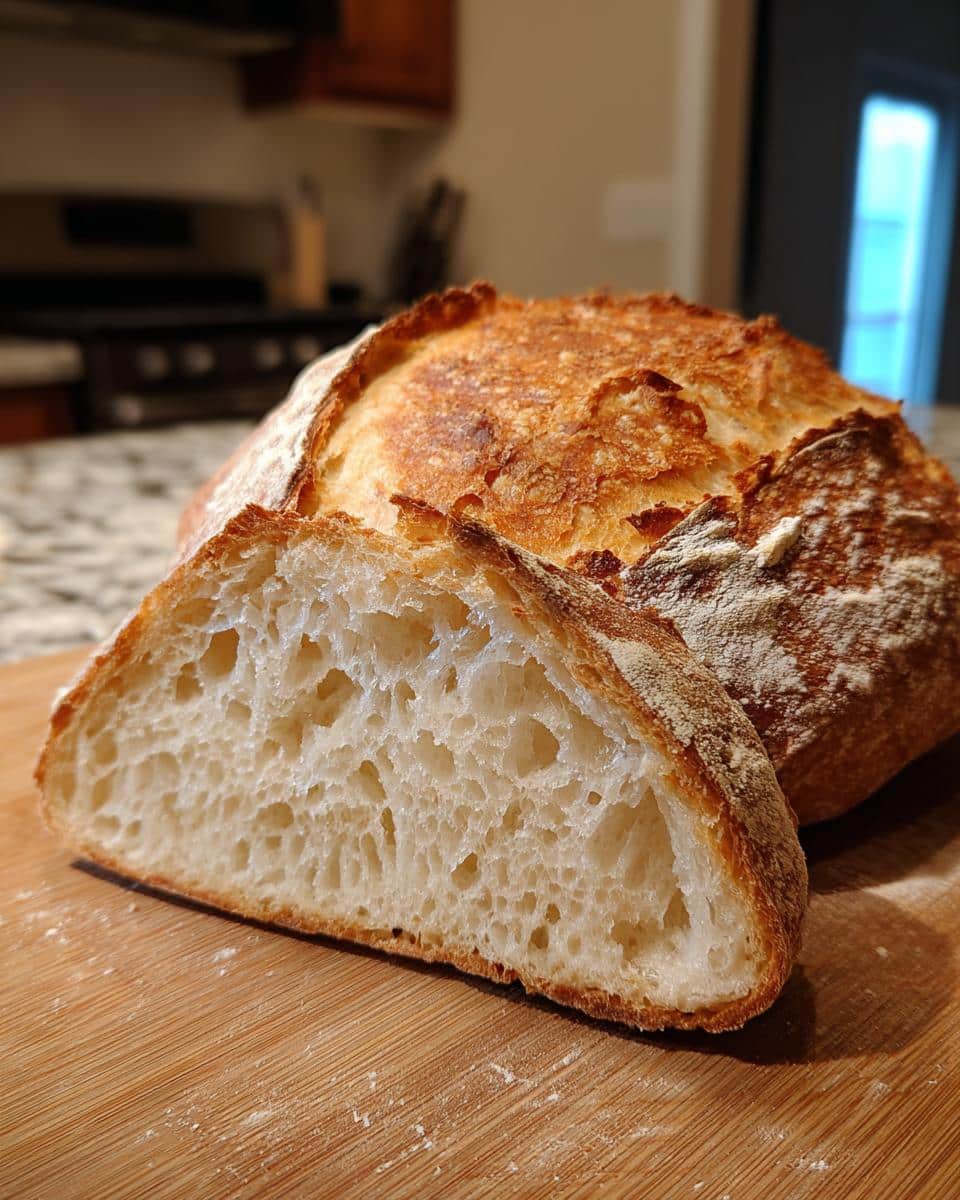 Loaf of sourdough bread with a slice cut, showcasing the airy crumb, made with active sourdough starter recipes.