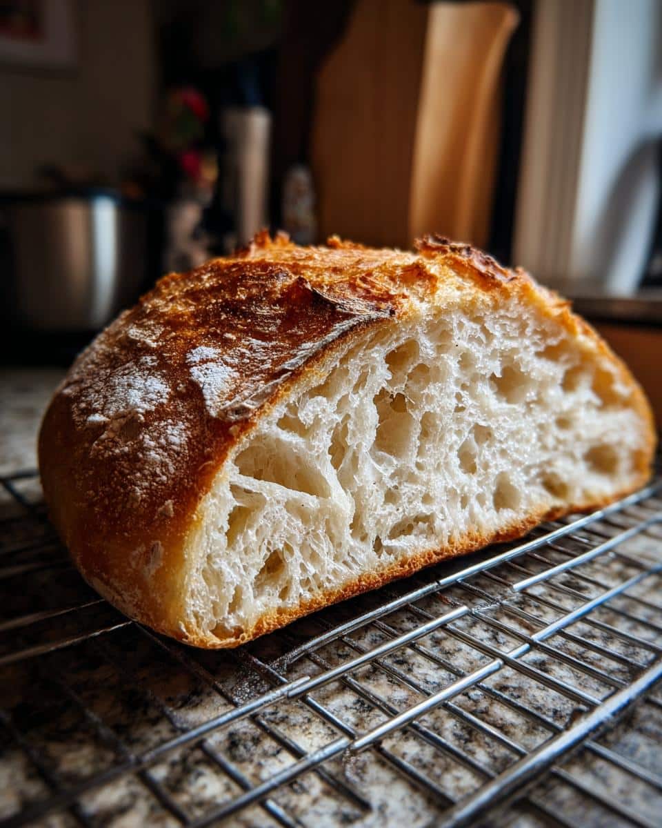 A close-up of a half loaf of sourdough bread showing the crust and airy crumb, related to active sourdough starter recipes.