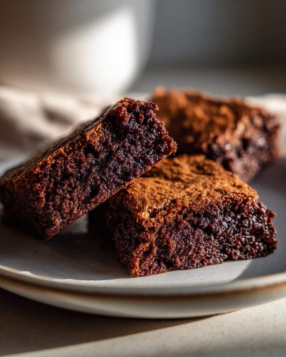 Close-up of three fudgy sourdough brownies on a plate, showcasing their rich, dark color and texture.