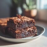 Two squares of homemade sourdough brownies recipe stacked on a plate, showcasing their fudgy texture.