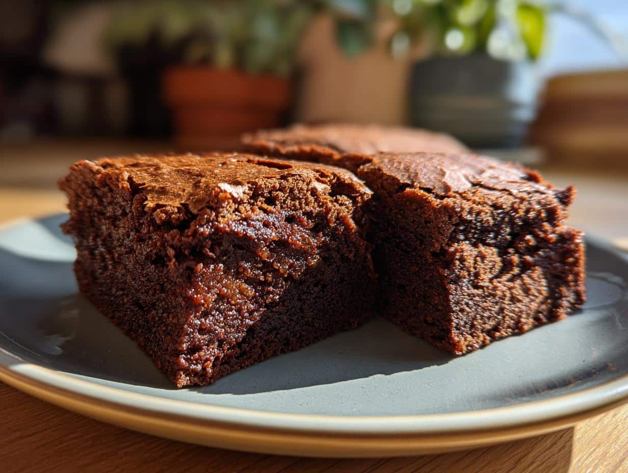 Close-up of freshly baked sourdough brownies recipe on a plate, showcasing their rich, fudgy texture.