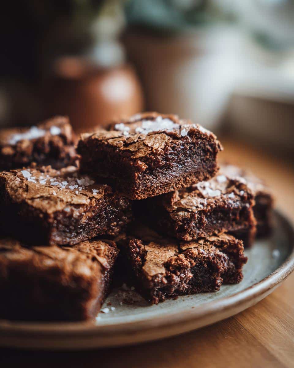 A stack of homemade sourdough brownies, topped with sea salt, on a rustic plate.