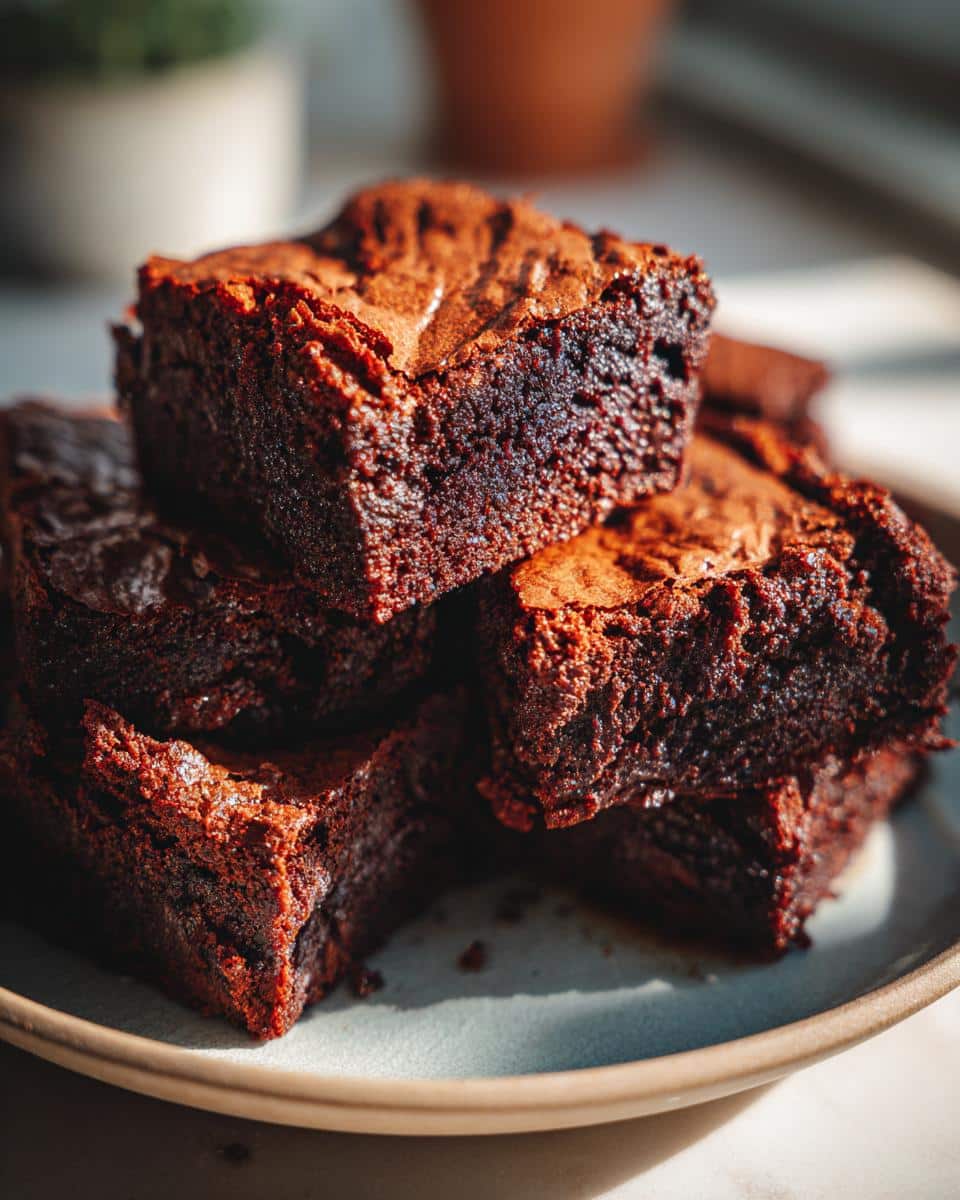 A stack of rich, fudgy sourdough brownies recipe on a plate, showcasing their decadent texture.