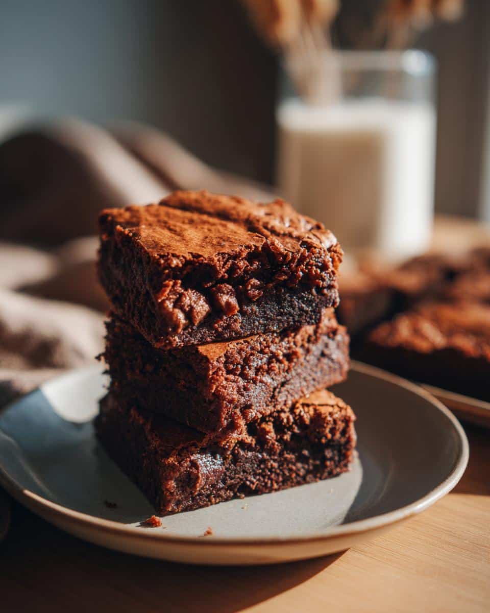 A stack of three freshly baked sourdough brownies on a plate, next to a glass of milk.