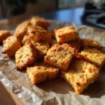 Pile of golden-brown sourdough cheez its crackers on parchment paper, ready to eat.