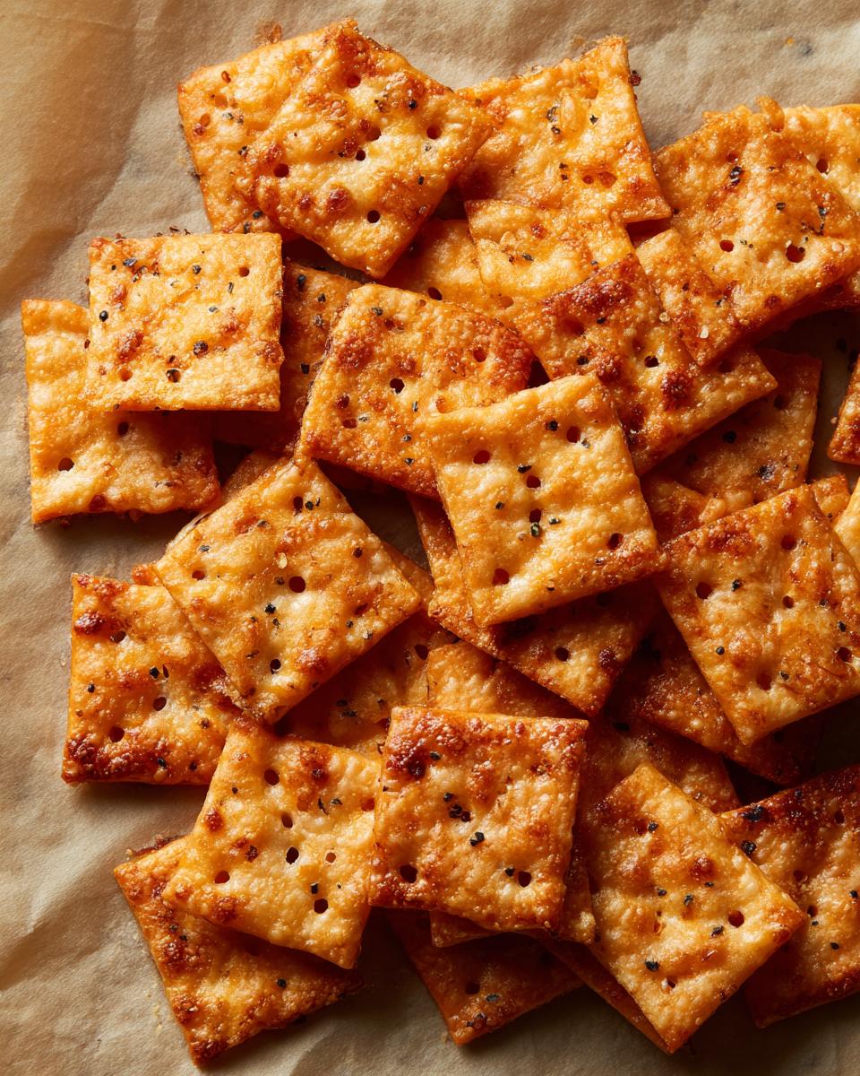 Pile of golden brown, homemade sourdough cheez its crackers with visible holes and seasonings.