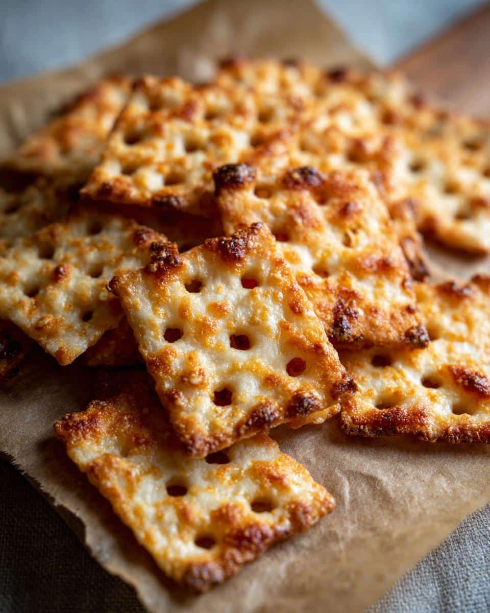 Close-up of a pile of golden brown homemade sourdough cheez its crackers on parchment paper.