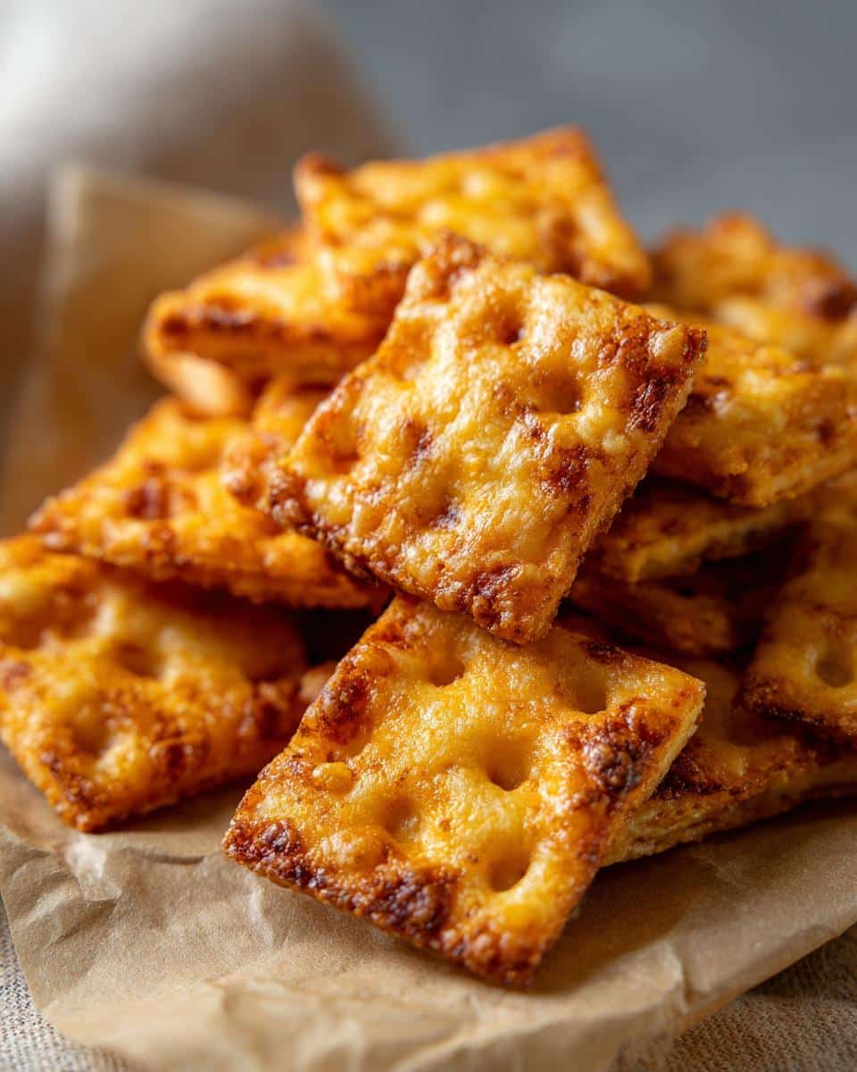 A stack of golden brown, homemade sourdough cheez its crackers on parchment paper.