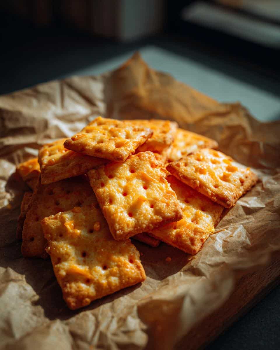 Pile of freshly baked sourdough cheez its crackers on brown parchment paper, showcasing their golden color and texture.