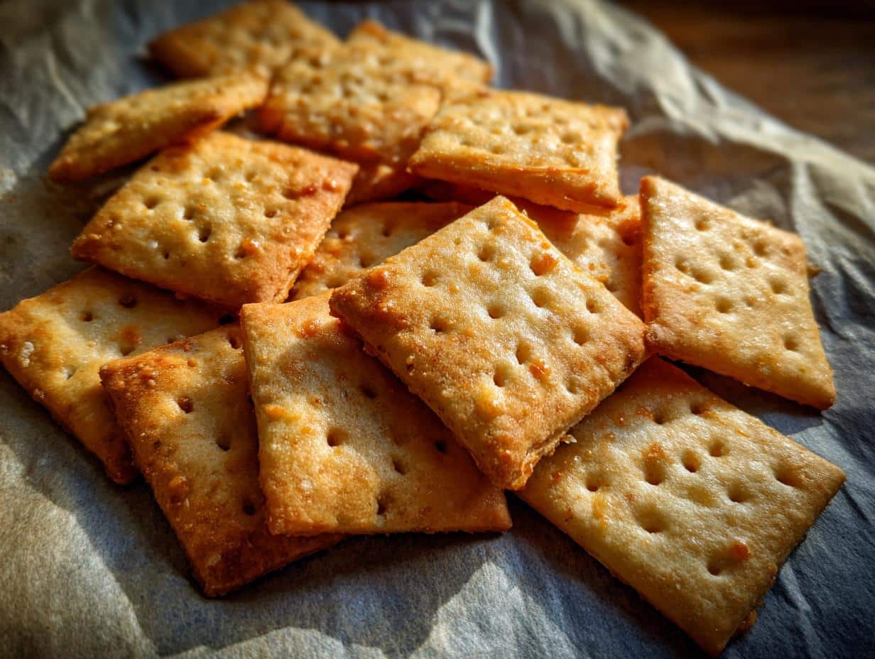 Pile of golden brown, homemade sourdough cheez its crackers on parchment paper.