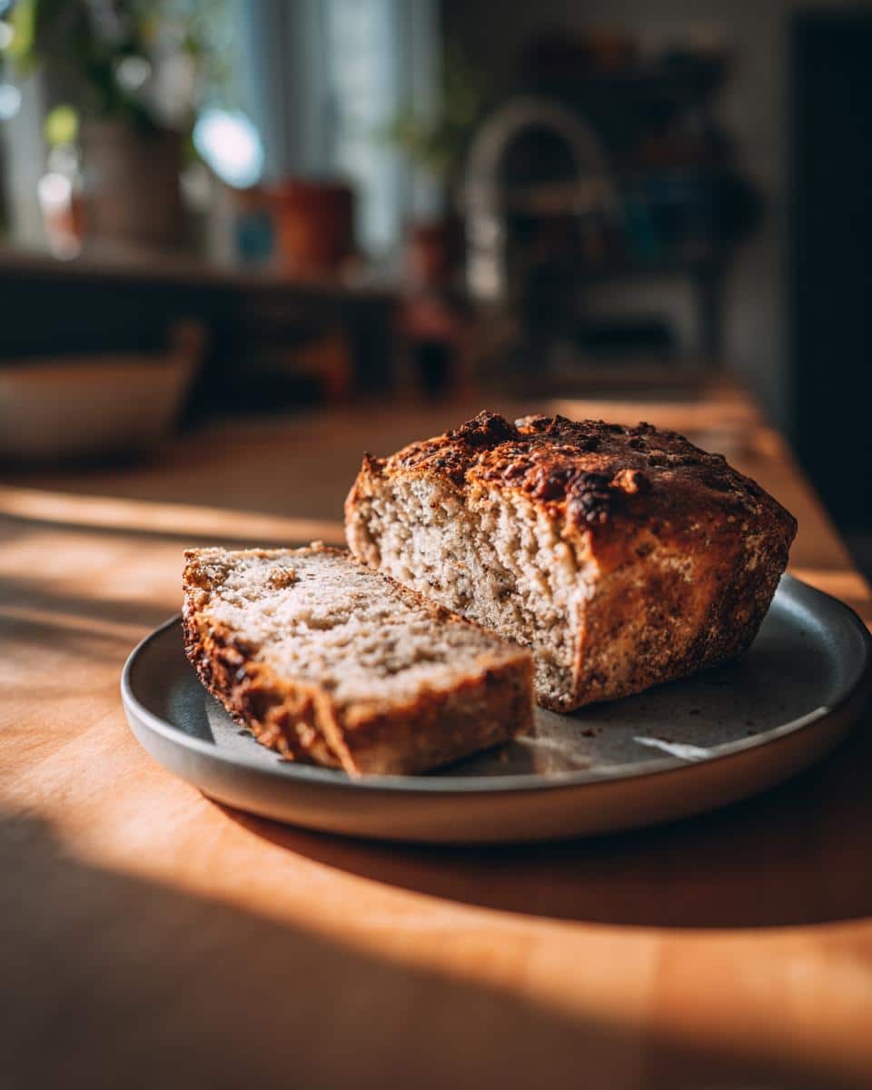 Sliced banana bread made with sourdough discard recipes on a plate, lit by warm sunlight.