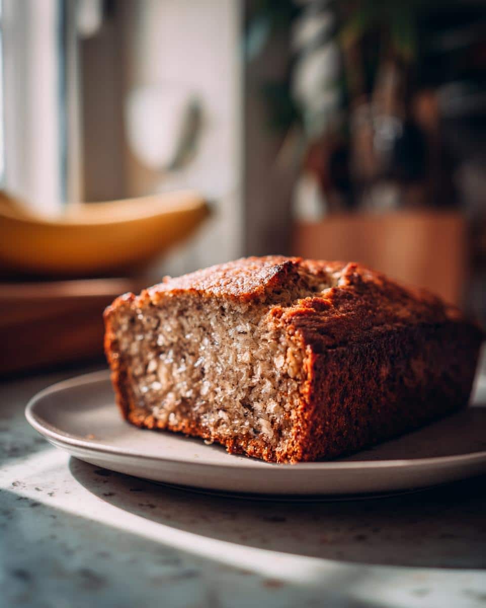 Close-up of banana bread made with sourdough discard recipes, sitting on a plate with natural light.